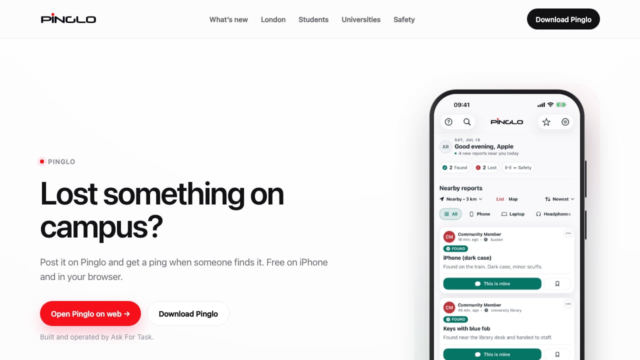 Current Pinglo website presenting its live iPhone and browser product
