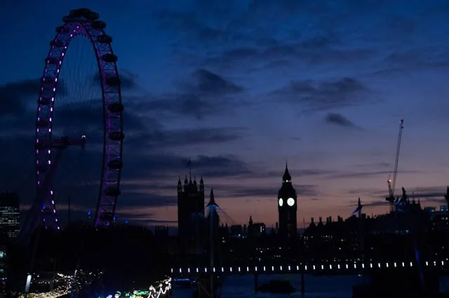 London Eye and Palace of Westminster silhouetted against a blue-hour sky
