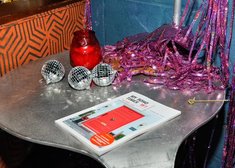 My Soho Times magazine and microphones arranged on a table