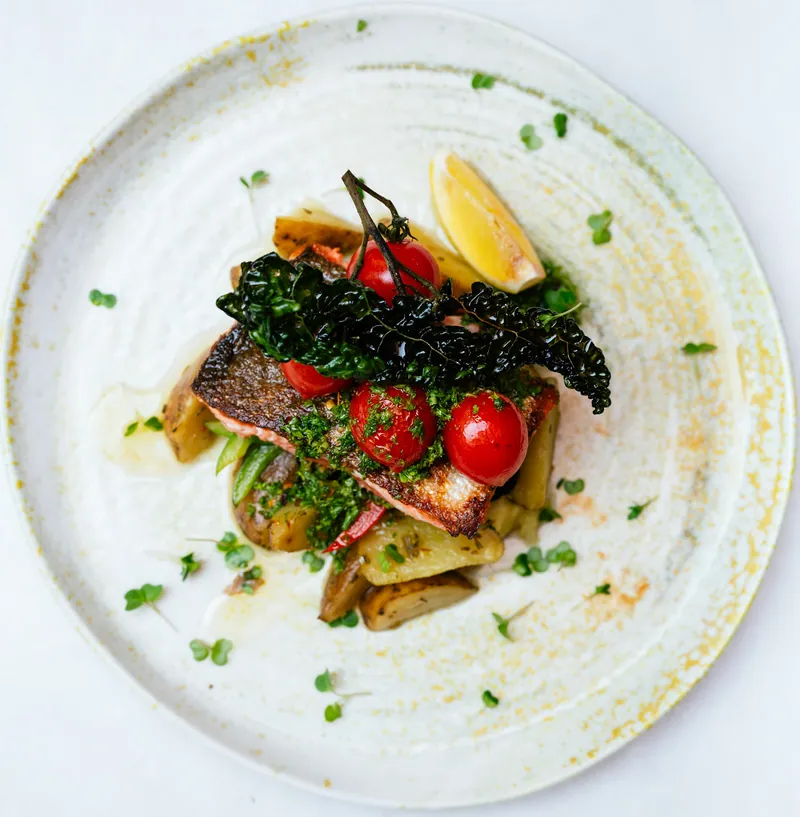 Seafood and vegetables plated at Mare Fabris Osteria