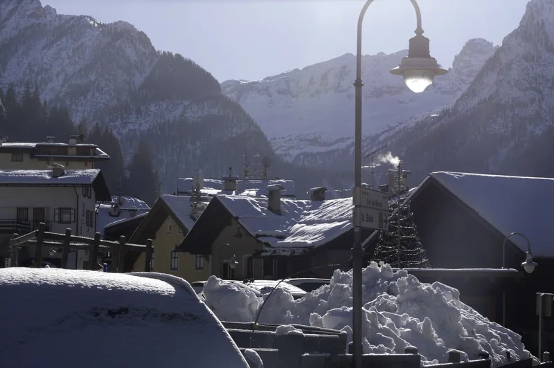 Snow village layers with atmosphere and depth