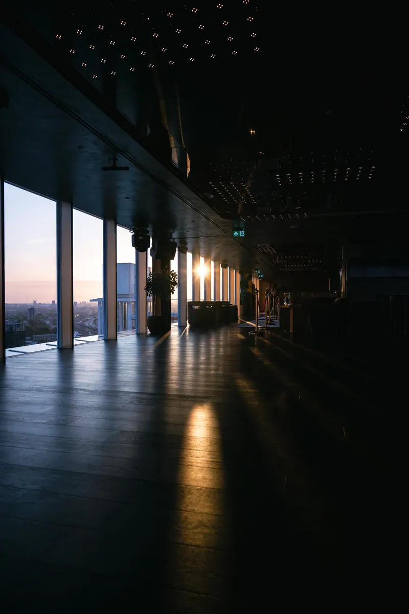 Sunset through the floor-to-ceiling windows of the CE LA VI interior